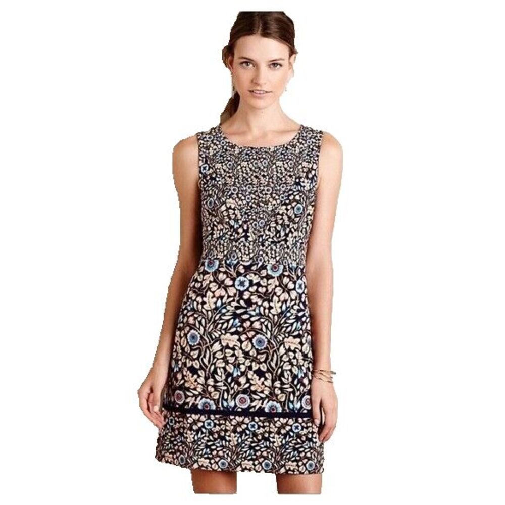 Anthropologie Maeve Brindle Sleeveless Shift Dress size 2 Dark Floral Boat Neck